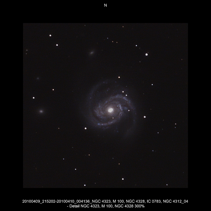 20100409_215202-20100410_004136_NGC 4323, M 100, NGC 4328, IC 0783, NGC 4312_04 - Detail NGC 4323, M 100, NGC 4328 300pc.JPG -  Com Newton d 309,5 / af 1623 & Coma Corrector CANON-EOS5D (AFC-Filter) 1000 ASA no add. filter 4 light-frames 300s, 4 light-frames 180s, 5 light-frames 360s, 5 flat, 10 bias DSLR-Timer, Guidemaster, DSS, Adobe-PS-CS thin upper fog  